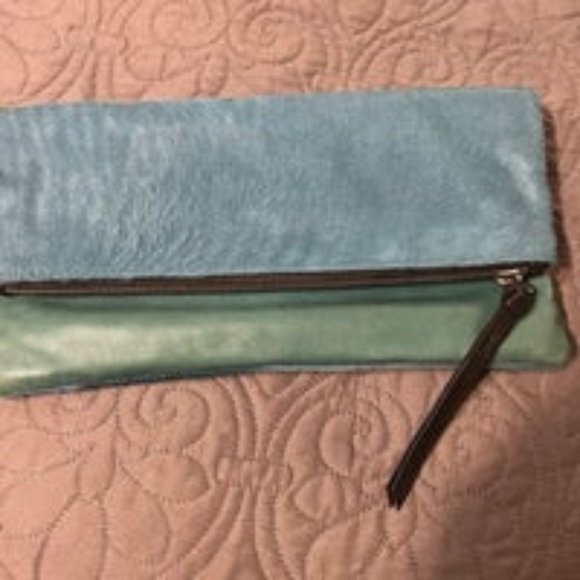 Blue & Green Leather and faux fur envelope clutch - Picture 1 of 4